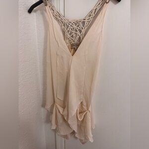 Max Azria Cream 100% Silk Sleeveless Blouse with Crochet and Silver Sequins.